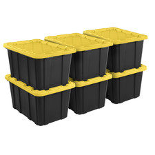 Sterilite Large Storage Bin, 27 Gal, with Snap-On Lid, Black and Yellow, 6 Pack