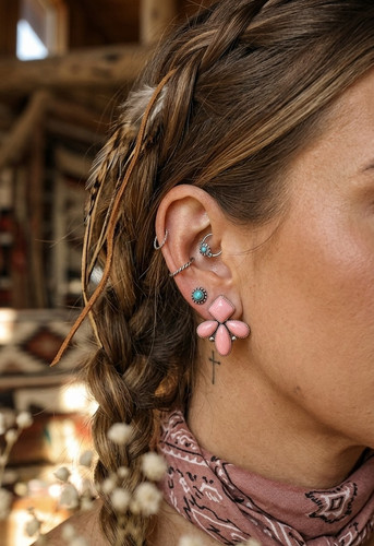 Pink Conch Earring, Pink Stone Sterling silver Earrings, Southwestern Jewelry
