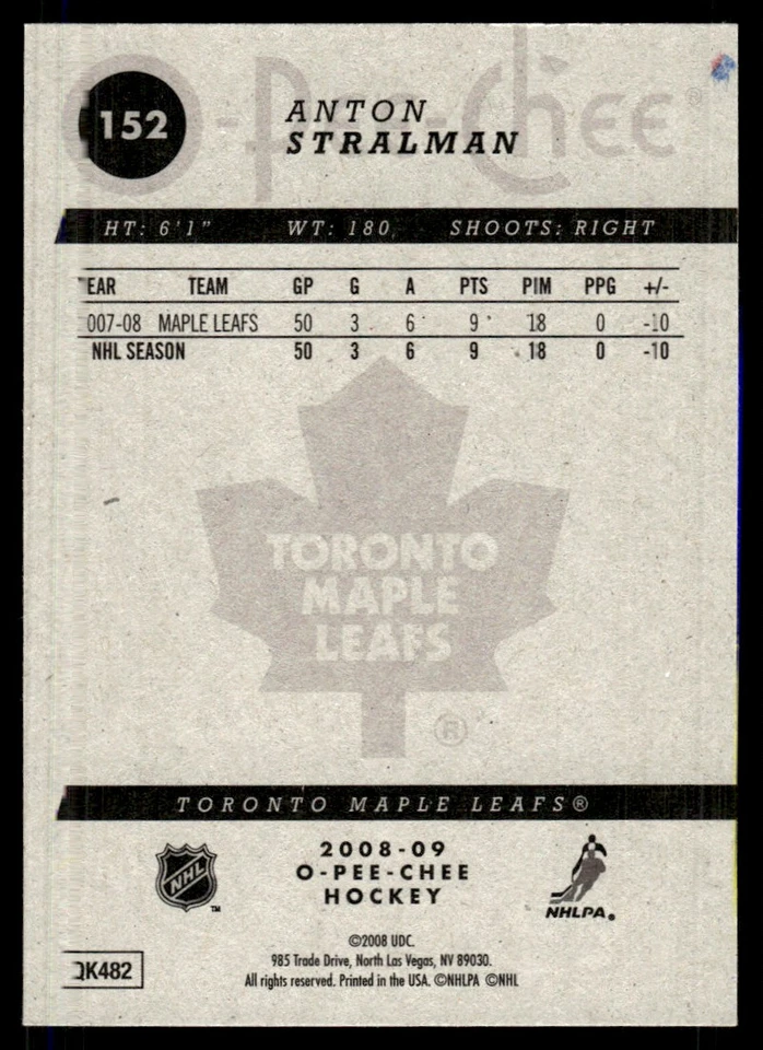 2008-09 O-Pee-Chee Anton Stralman Toronto Maple Leafs #152 - Image 2 of 2