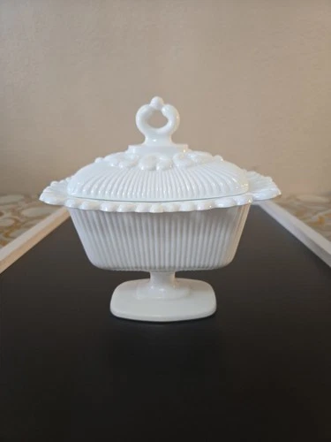 Vintage Indiana Glass Milk Glass Lace Edge Pedestal Lidded Candy Dish