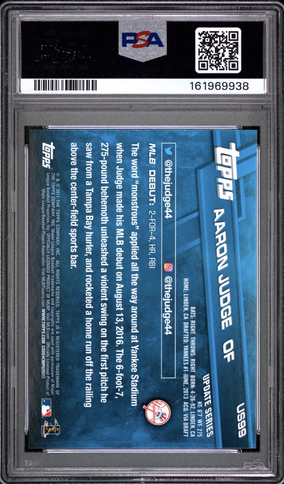 2017 Topps Update Aaron Judge RC Rookie Debut US99 Rainbow Foil SP PSA 8 view 2