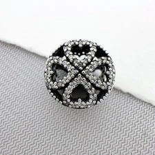 925 Silver Hollow Petals of Love Pave CZ Charm Bead Fits Snake Chain Bracelet