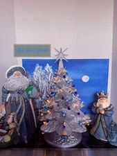 15.5 In Ceramic Christmas Tree , Silver With Blue Color Lights,Hang From Branch