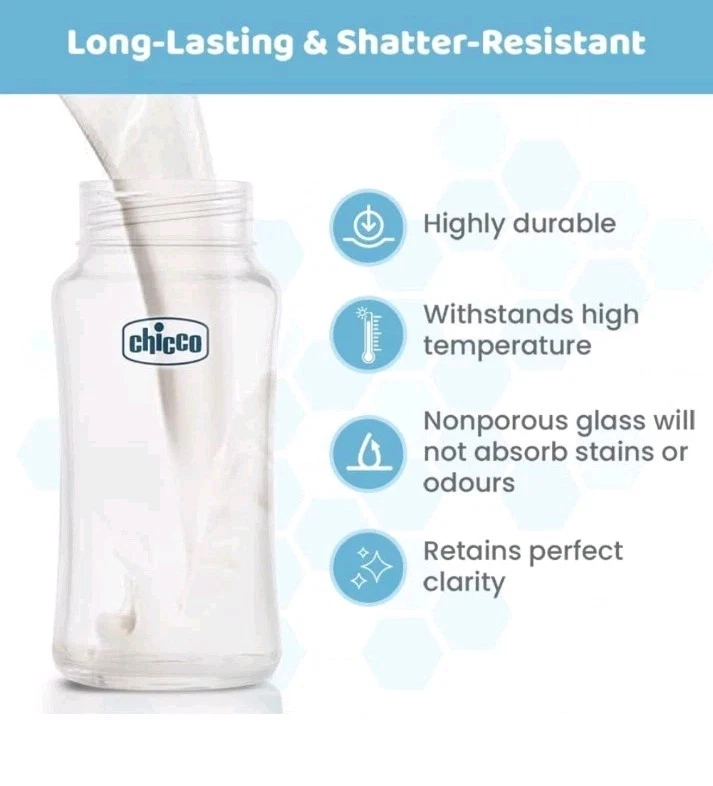 Biberón de vidrio Chicco Wellbeing (azul) T medio) 240 ml 2+ meses vendedor de EE. UU. Foto 3 de 4