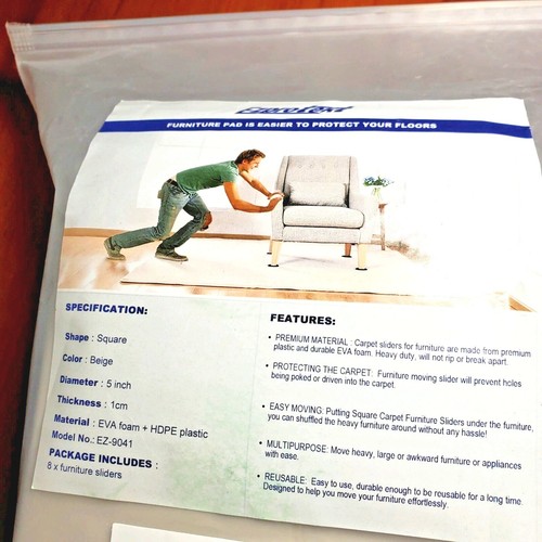 Ezprotekt 8-Pack 5" LARGE Square Furniture Sliders Movers Reusable EVA HDPE NEW - 第 1/5 張圖片