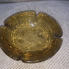 Vintage Six And A Half Inch Amber And Gold Heavy Glass Ashtray Clean Displays...
