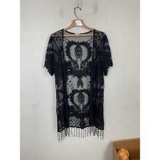 Xhilaration Black Lace Mesh Kimono Cardigan Embroidered Fringe Boho Women Large