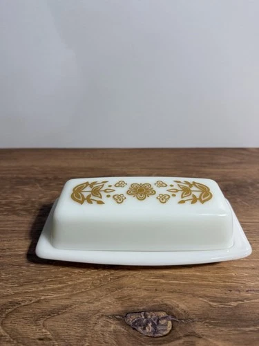 Vintage 1970's Pyrex Milk Glass Butterfly Gold, Butter Dish w/Lid No Chips Etc.