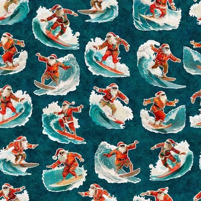 QT Fabrics Christmas Surfing Santas on Teal 100% Cotton Price per Yard