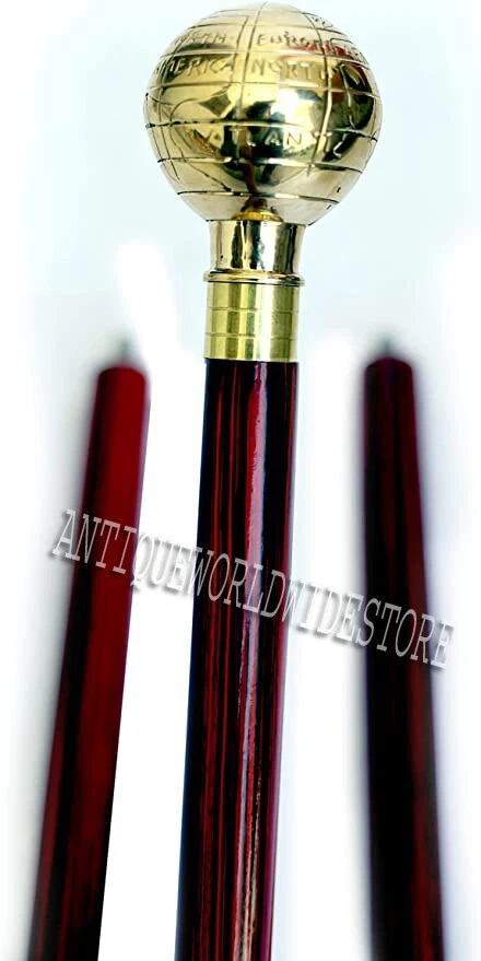 Bastón de madera de 38 pulgadas con mango de globo de latón estilo victoriano vintage Foto 2 de 4