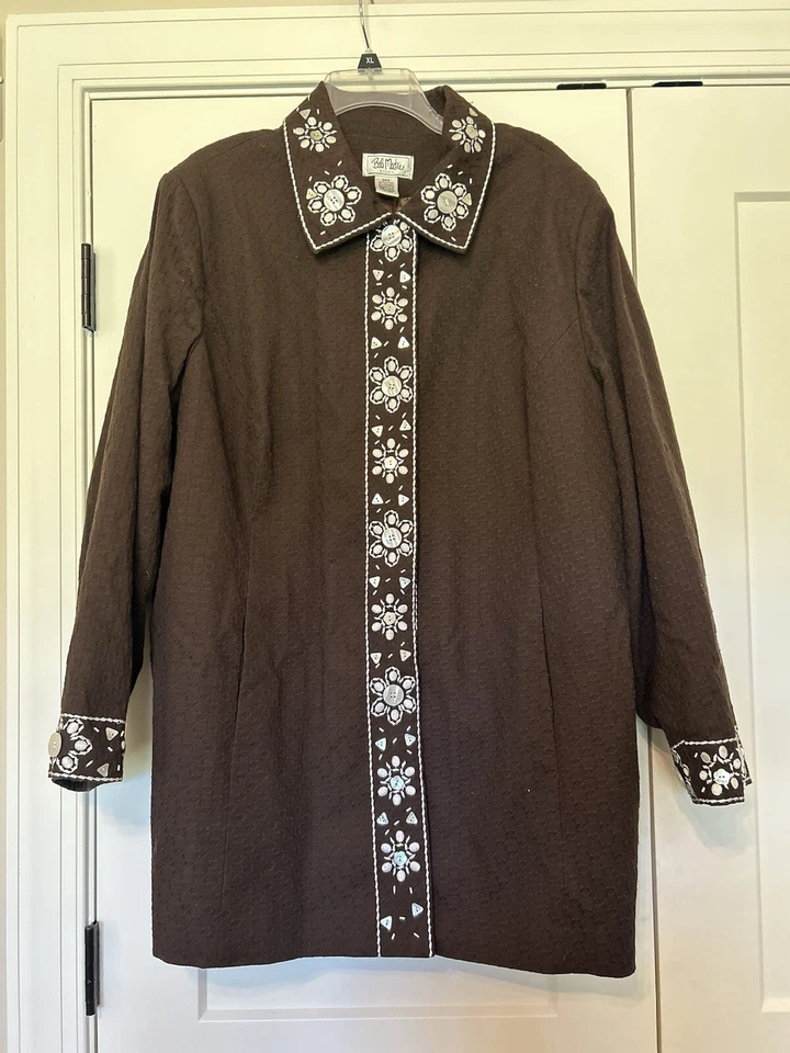 Blazer largo marrón bob mackie usable arte talla grande 26W chaqueta bordada con cuentas Foto 3 de 4