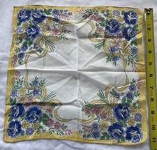 Vtg Yellow Blue Rose Victorian Handkerchief Retro Grannycore Cottagecore