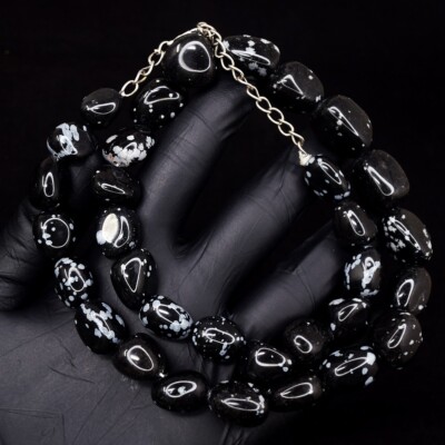 Echte Schneeflocken Obsidian 481 kt Damen Perlen schöne Halskette VK 42 E595