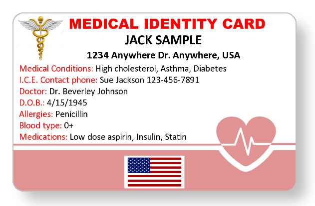 Medical identity card customized and printed in full color with your information