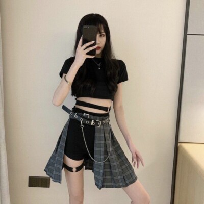 Female Punk Skirt Plaid Irregular Skirts Women High Waist