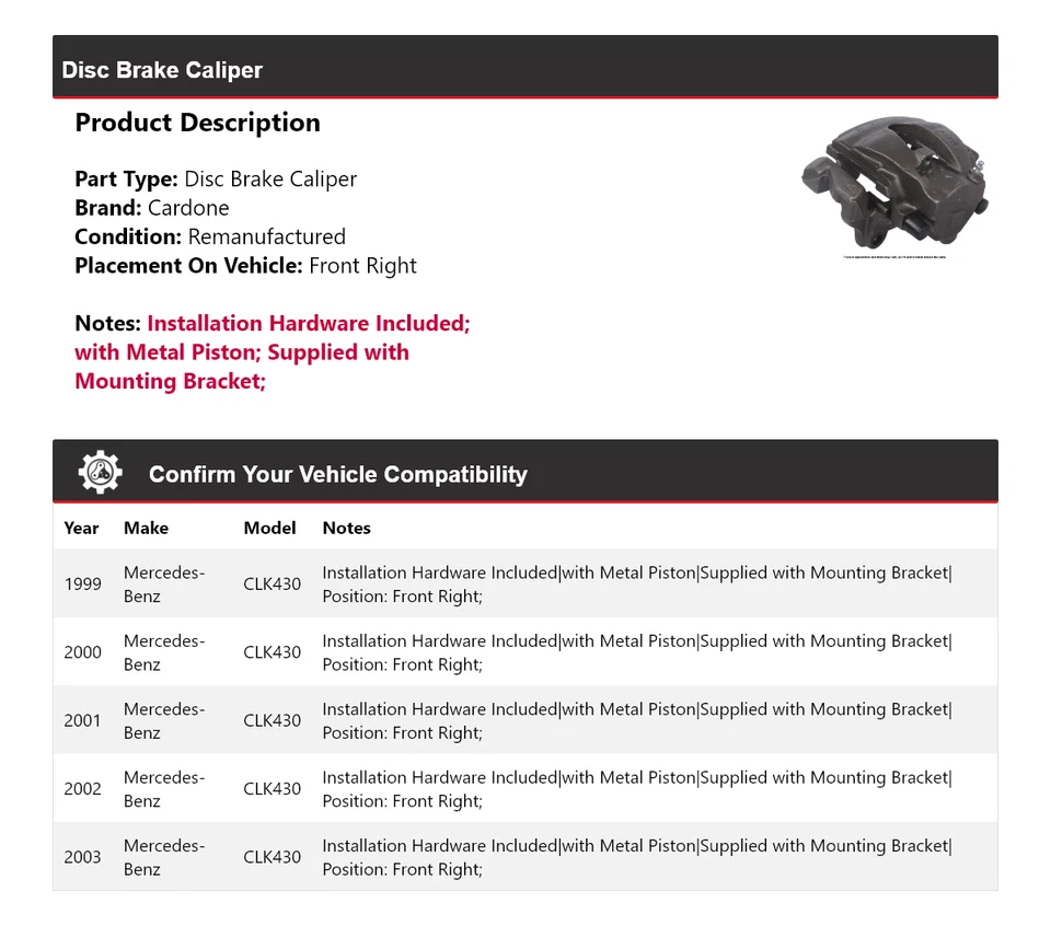 Pinza de freno de disco delantera derecha cardone 2000 para Mercedes-Benz CLK430 1999-2003 Foto 2 de 4