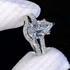 2.30 TCW Pear Cut Moissanite Bridal Set Engagement Ring 14k White Gold Plated