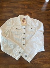 Women’s (juniors) L.e.i. White Denim Jacket Size Xl Distressed