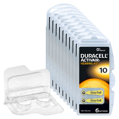 60 Duracell Activair Hörgerätebatterien PR70 gelb 10 + Transportbox für 2 Zellen