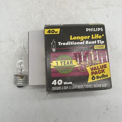 5 Philips Longer Life 40W Medium Base Bent Tip Bulbs Candelabra