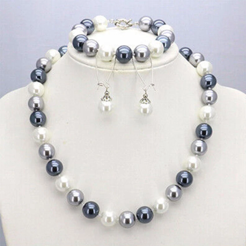 12 мм Южное море раковина жемчуг круглый бисер ожерелье 18» + браслет 7,5» + серьги комплект - Изображение 2 из 4