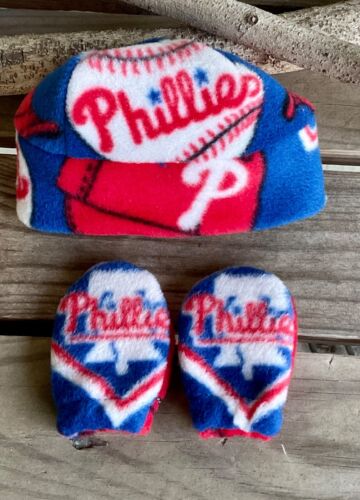 Juego de regalo de sombrero y guantes para bebé recién nacido de los Filis de Filadelfia tela de lana bebés - Imagen 1 de 3