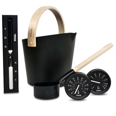 SET Tylö Saunazubehör in Brilliant Black Sauna Kelle Aufgusseimer Eimer Sanduhr