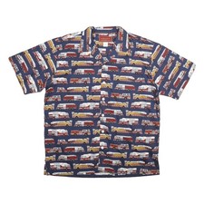 KIMOSHAN Herren Hemd blau XL Baumwolle Feuerwehrauto Print Knopfleiste Kragen Freizeit