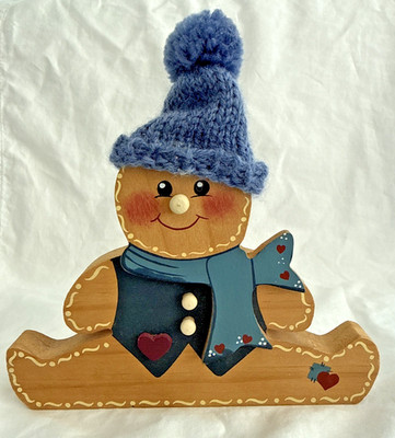 Vintage Gingerbread Man Wooden Rustic Winter Whimsical Blue Knit Hat 6.75 inches