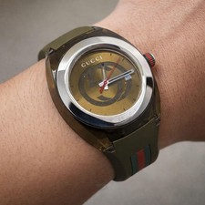 Gucci Sync Quartz Interlocking G Khaki Rubber Mens Wristwatch 46mm Timepiece
