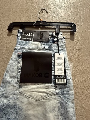 Makobi MK Jeans 36x32 Distressed Patchwork Acid Wash Ripped Hip Hop Streetwear