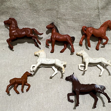 Vintage Lot of 7 Plastic Horse Figurines Small Toy Horses Brown White Black