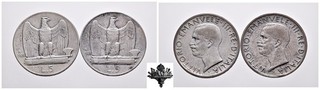 REGNO D'ITALIA 5 lire 1928 RARE LOTTO 2x monete ARGENTO Vittorio Emanuele III