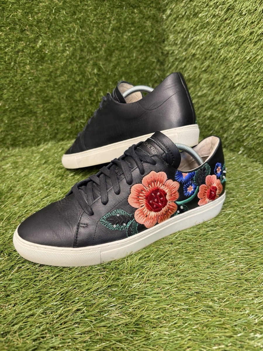Skechers VASO PINTAR Black Leather Embroidered Bright Flowers