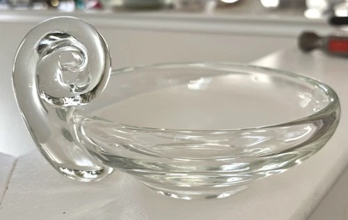 Vintage Steuben  Clear Glass Scroll Snail Handled Olive Dish  6 1/2”