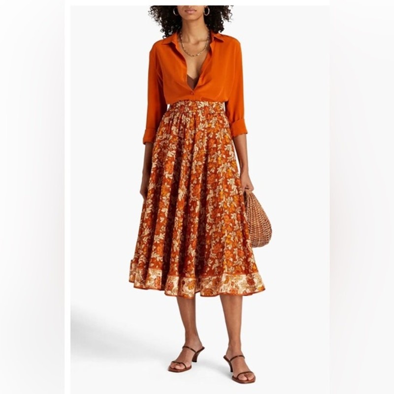 Zimmermann Andie Silk Floral Swing Midi Skirt Orange Beige A Line