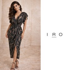 NEW IRO Gargas Wrap-effect Ruffled Printed lurex Sheer MIDI Dress Size 34 US XS