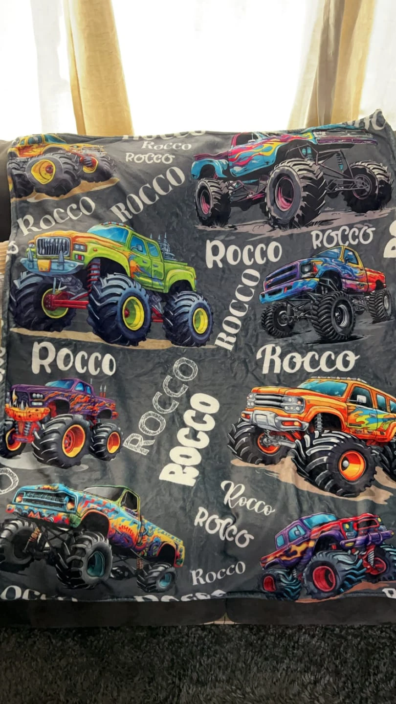 Personalized Monster Truck Fleece Blanket, Kids Gift