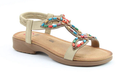 Heavenly Feet Radiant Beaded T-Strap Sandals with Elastic Cushioned Low Wedge 