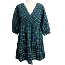 Madewell Marianna Puff Sleeve Mini Dress Green Plaid V-Neck XXS Pockets