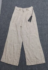 Nicole Miller Linen Pants Womens 6 Beige Wide Leg High Waist Crop Pleated Beach