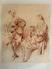 Antoine Watteau Engraving Eau Forte Sanguine Etching Bagpipe Bagpipe Players