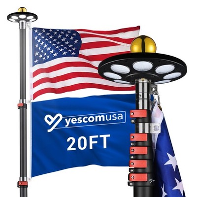 Yescom EZ GO 20Ft Telescopic Black Flag Pole 136 LED Solar Light Outdoor