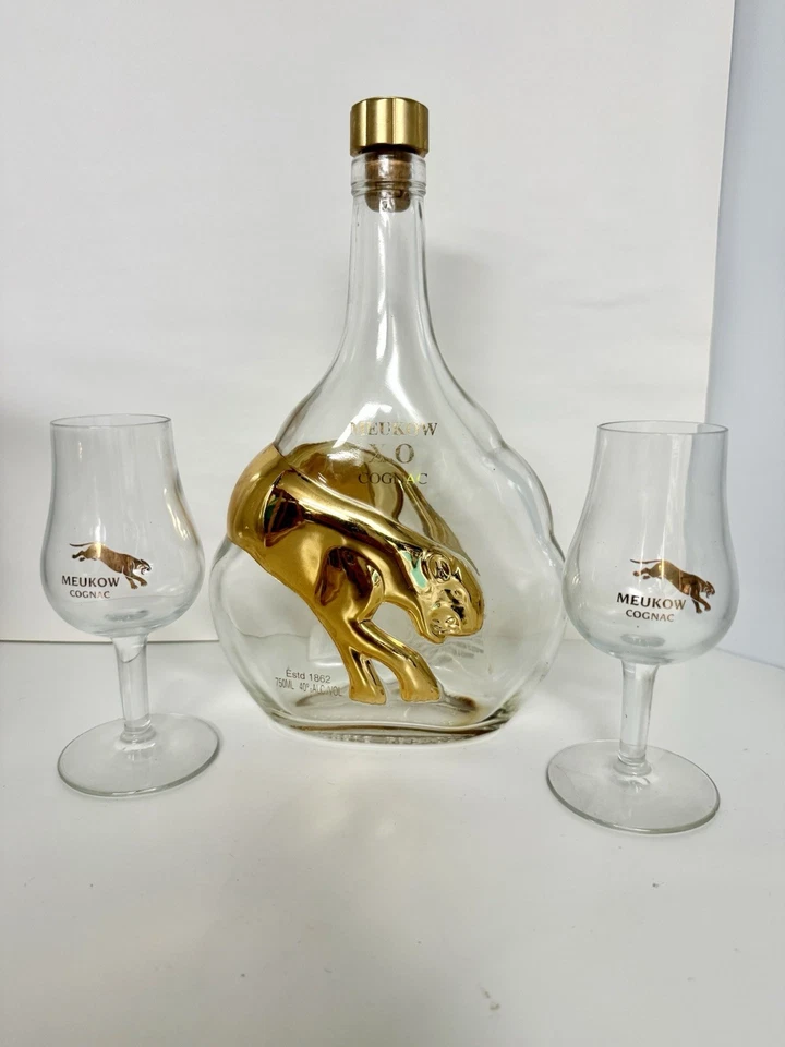 MEUKOW France Cognac Empty Bottle Gold Panther 750ml Wood Stand 2 glasses - Image 2 of 4