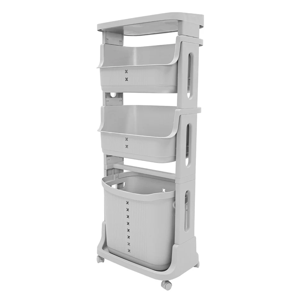 Plastic Laundry Hamper Basket Clothes Storage Organizer Shelf Rolling Cart - Image 2 of 4