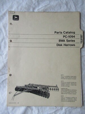 1977 John Deere BWA Series Disk Harrows Parts Catalog Manual Book PC-1094
