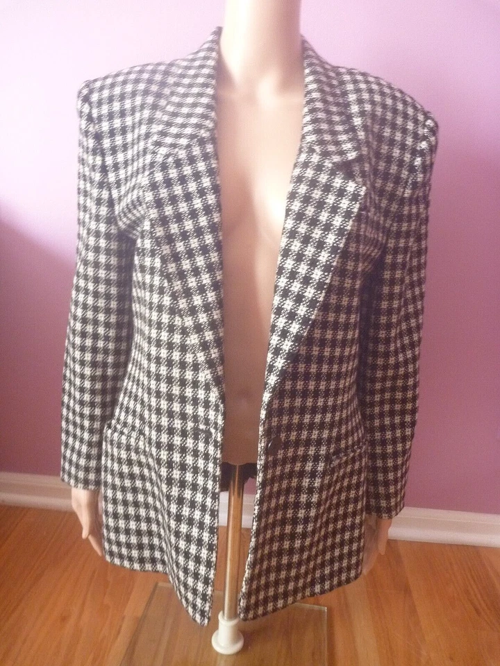 Blazer Jones New York Mujer Lana Pura Negro Blanco 10 Solapas a Cuadros Único De Colección Foto 3 de 4