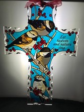 Joan Baker stained glass winter window Cross-GX4030R- Chickadees in the snow NEW