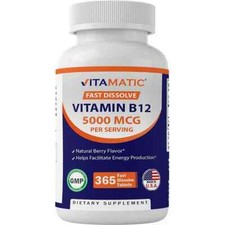 Vitamatic Vitamin B12 5000 mcg Fast Dissolve 365 Tabs NonGMO/No Gluten