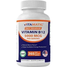 Vitamatic Vitamin B12 5000 mcg Fast Dissolve 365 Tabs NonGMO/No Gluten
